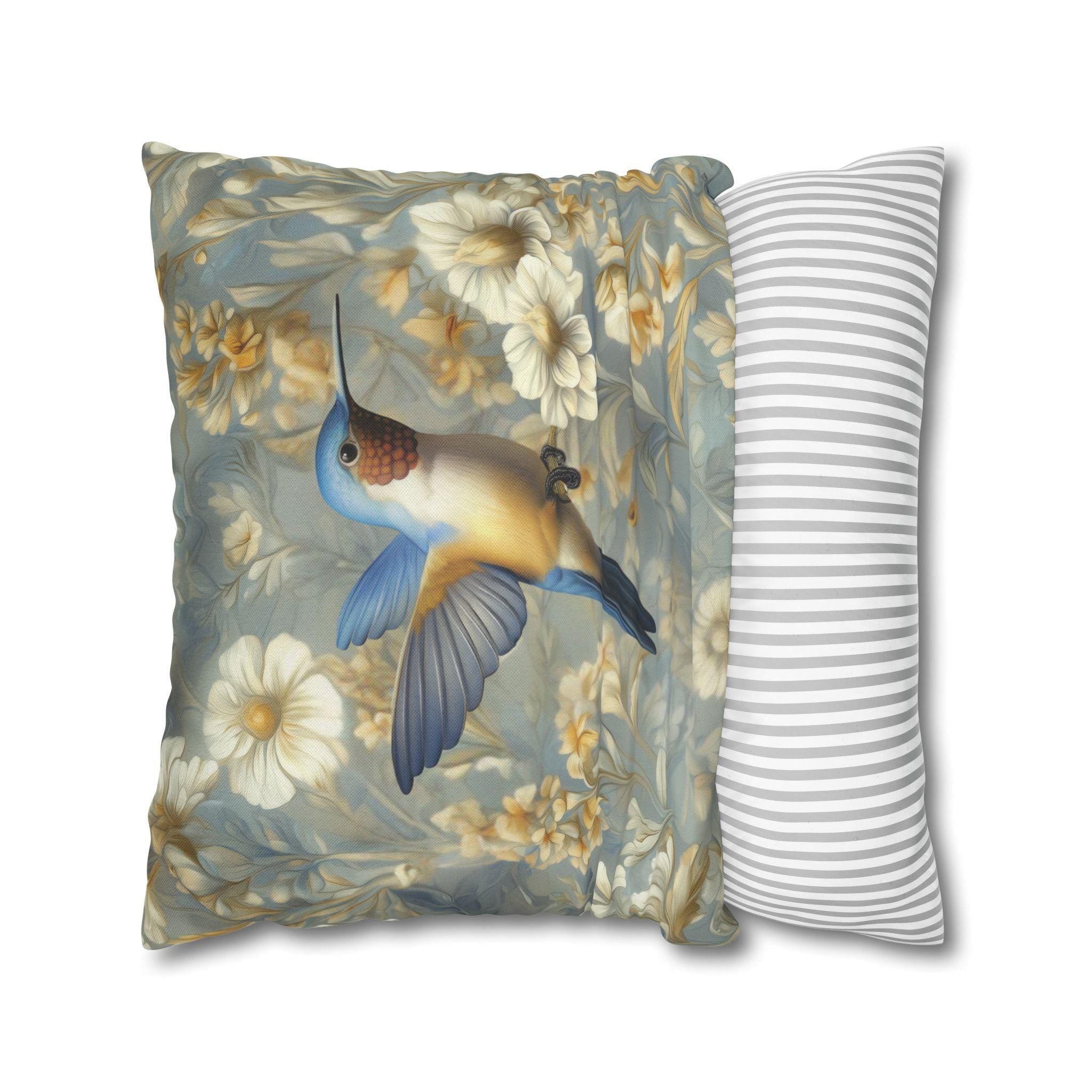 William Morris Hummingbird Pillow Cover: Blue & Gold Arts and Crafts Botanical Cushion Case