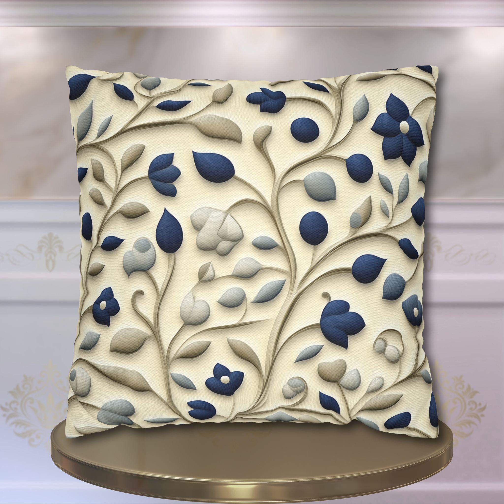 William Morris Inspired Floral Pillow Cover: Navy, Taupe, Cream