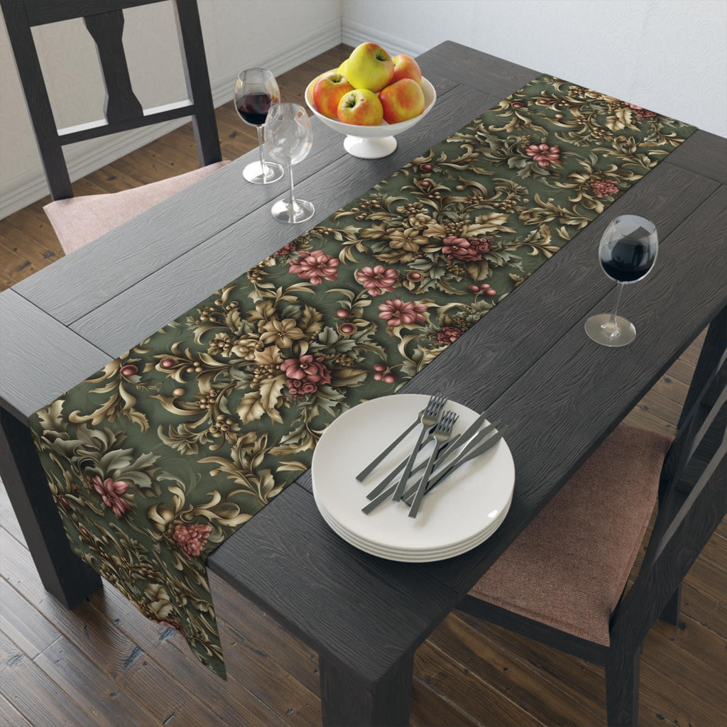 William Morris Inspired Holly & Poinsettia Christmas Table Runner: Deep Sage, Gold, Cranberry