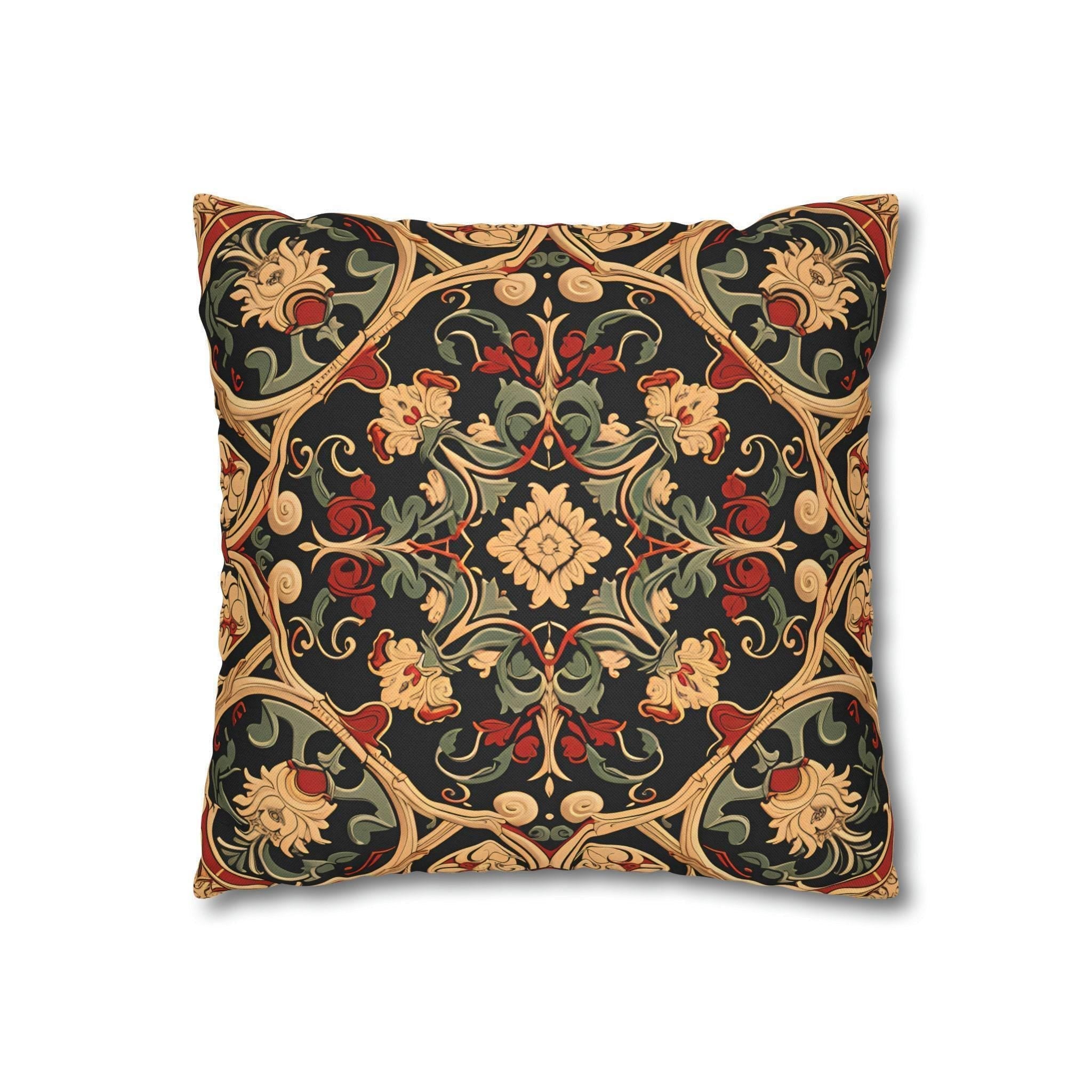 Renaissance Floral Pillow Cover: Red, Green & Gold on Dark Ground