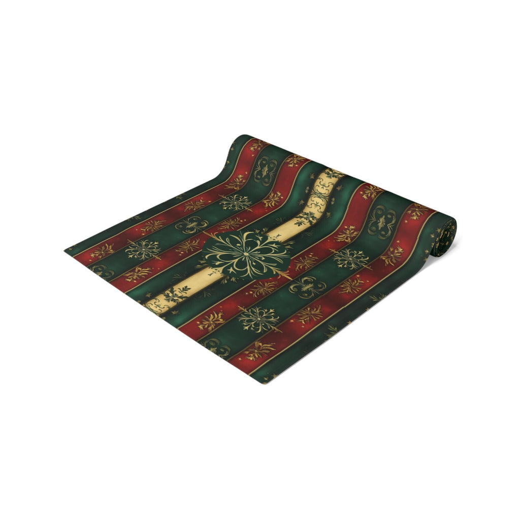 Elegant Christmas Table Runner: Green Red and Gold Snowflake Design