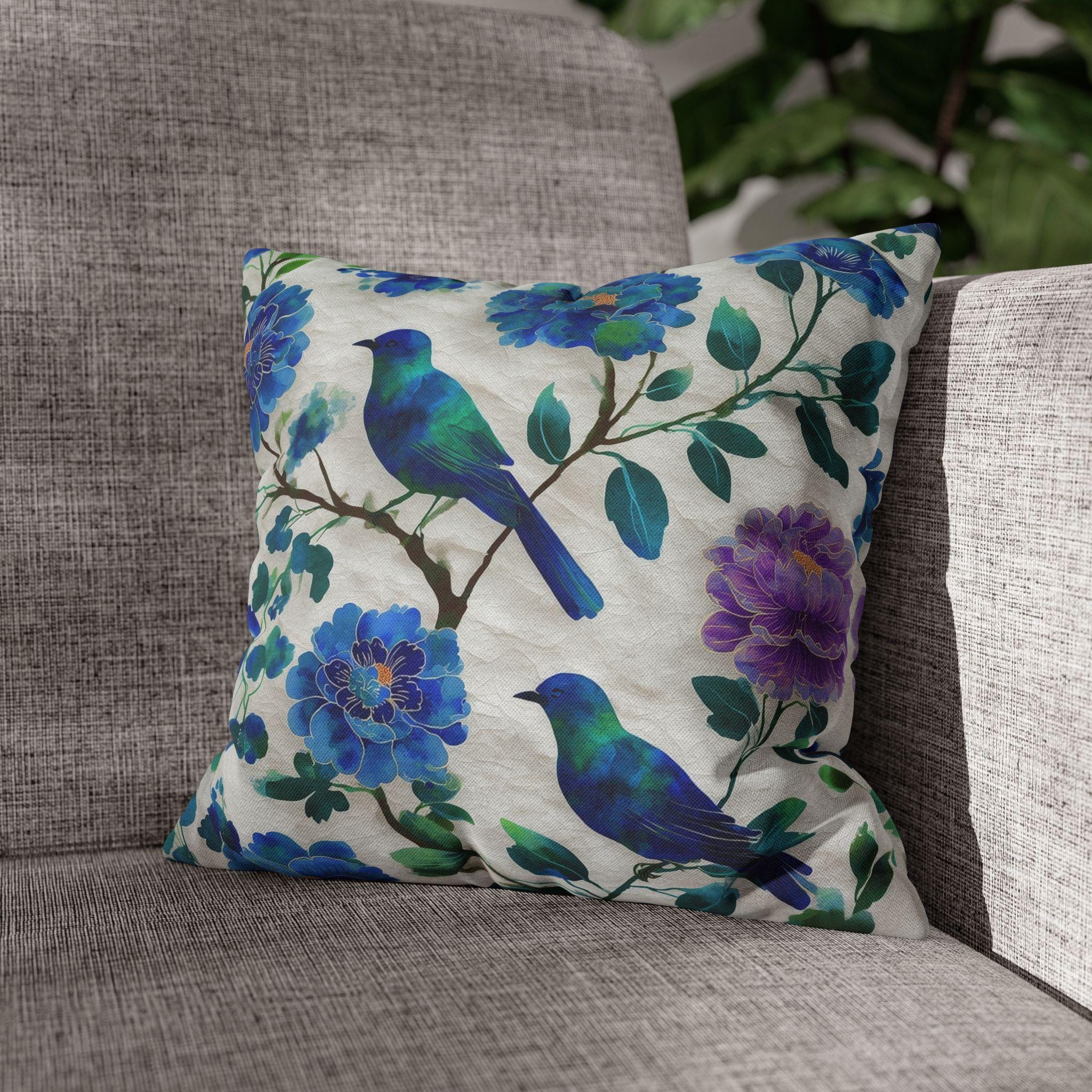 Chinoiserie Songbird Throw Pillow Cover: Cobalt, Teal, Violet - Multiple Sizes