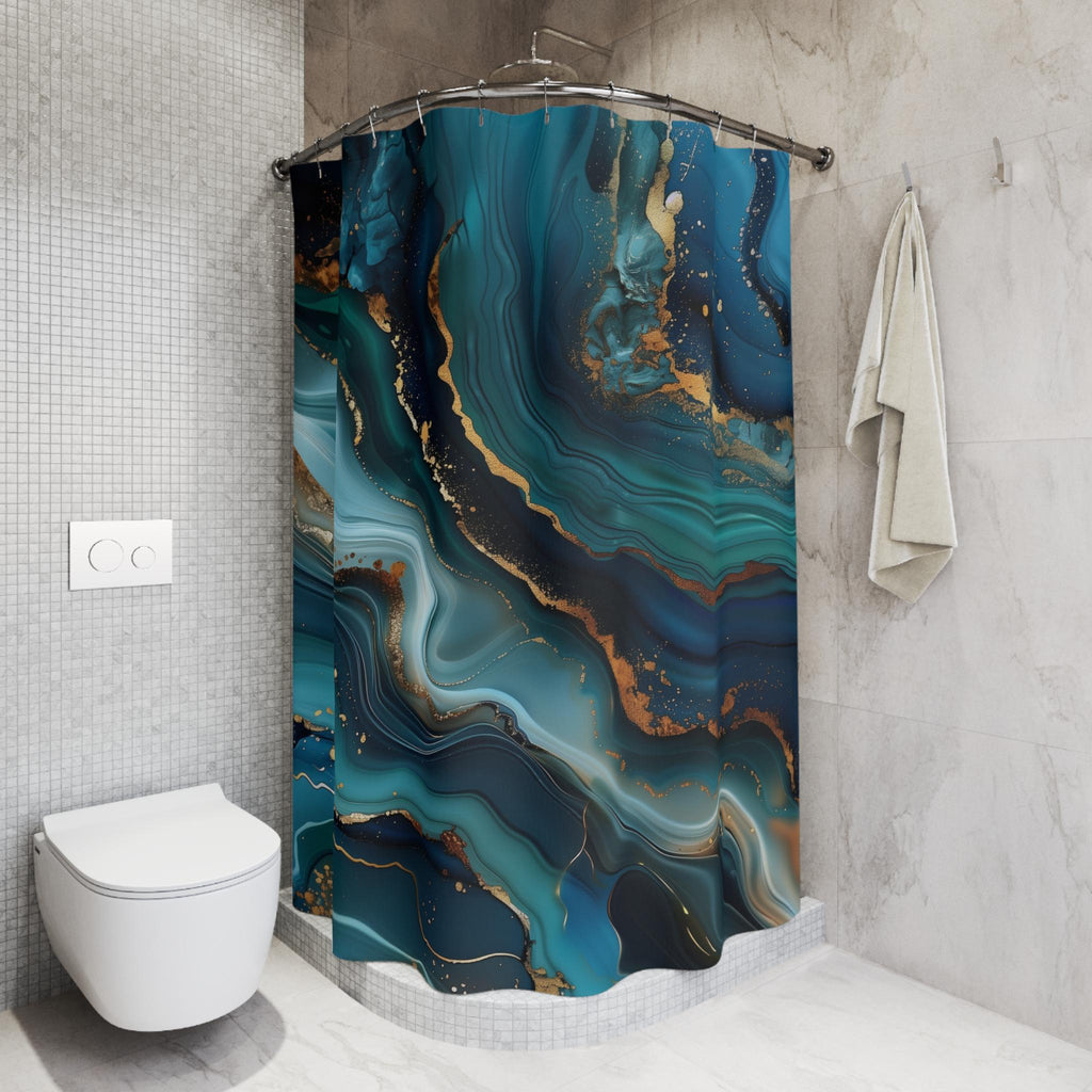 Ocean Wave Shower Curtain: Teal Navy Marble Print with Gold Accents