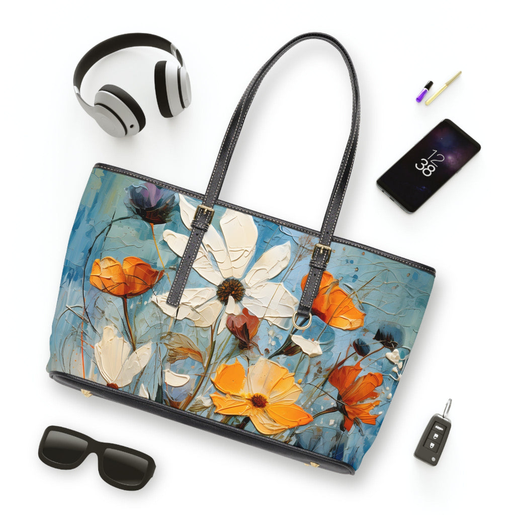Wildflower Oil Painting Style Shoulder Bag: Oversized Vegan Leather Tote