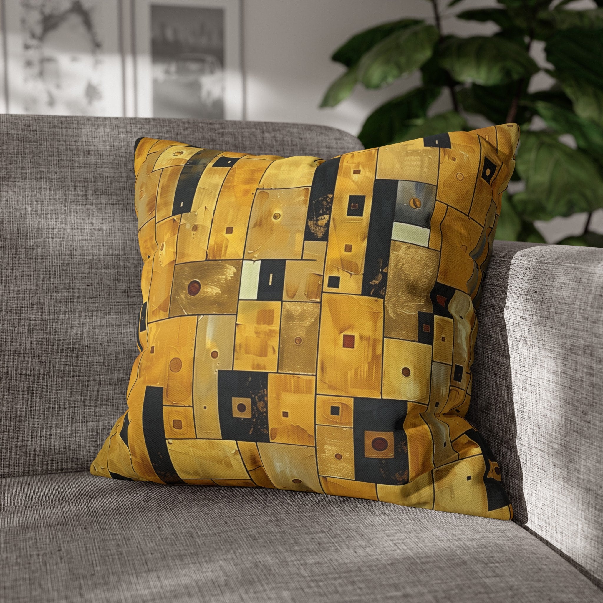 Cubism Pillow Cover: Gold Amber Mosaic, Modern Art Cushion