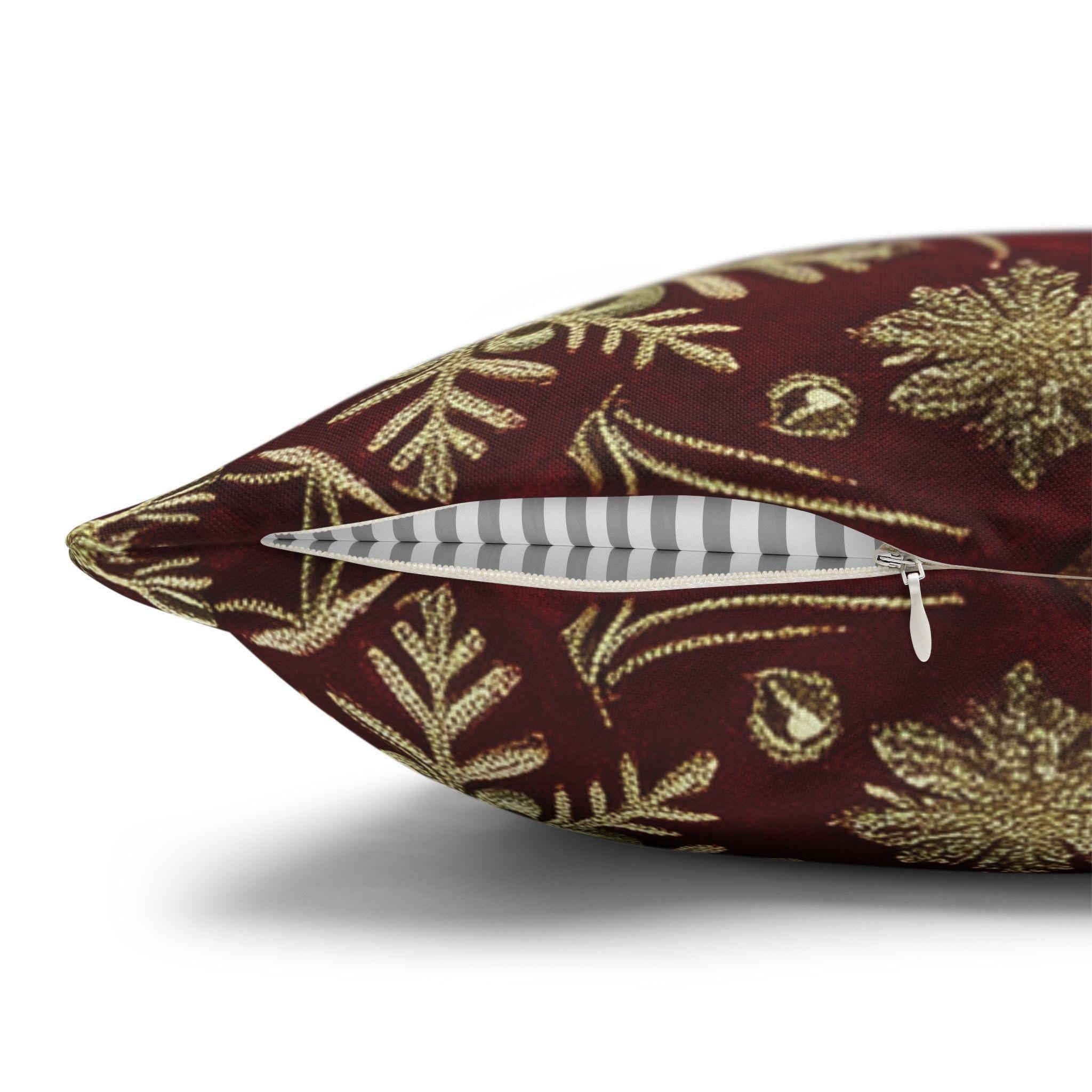 Christmas Snowflake Pillow Cover: Crimson Red Antique Gold with Deep Green Accents