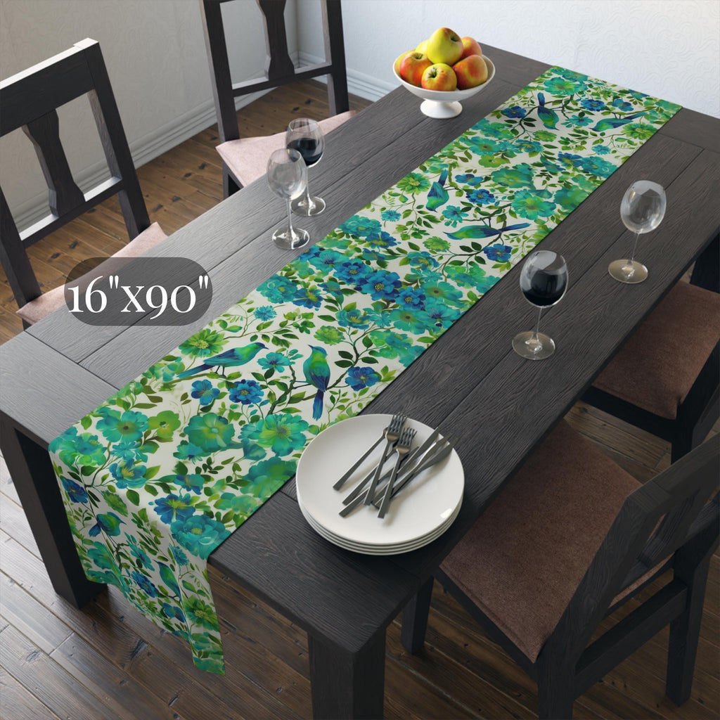 Chinoiserie Bird Table Runner: Teal Green Watercolor Floral