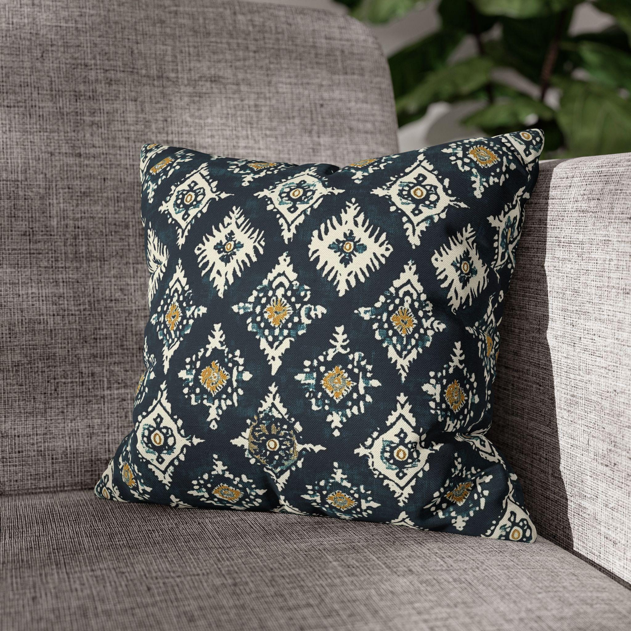 Traditional Ikat Style Pillow Cover | Dark Blue, White, Mustard Yellow | Geometric Design