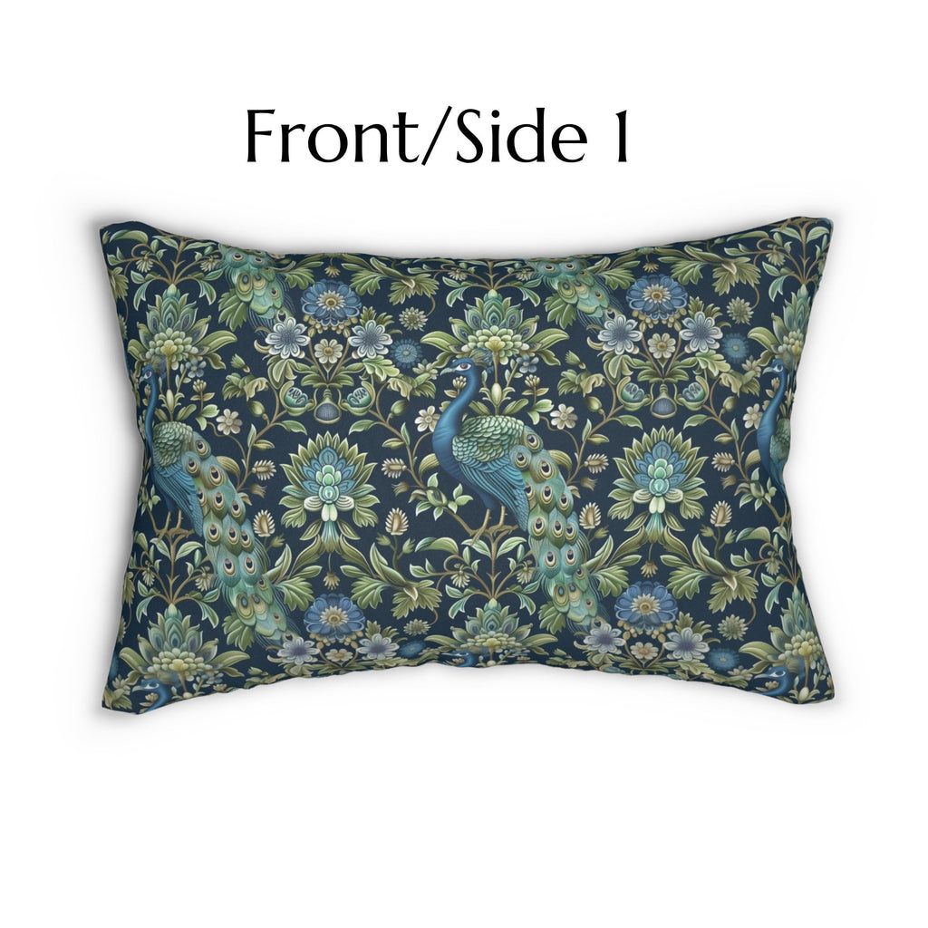 Peacock Lumbar Pillow: Navy Blue, Green, and Cream Floral Design