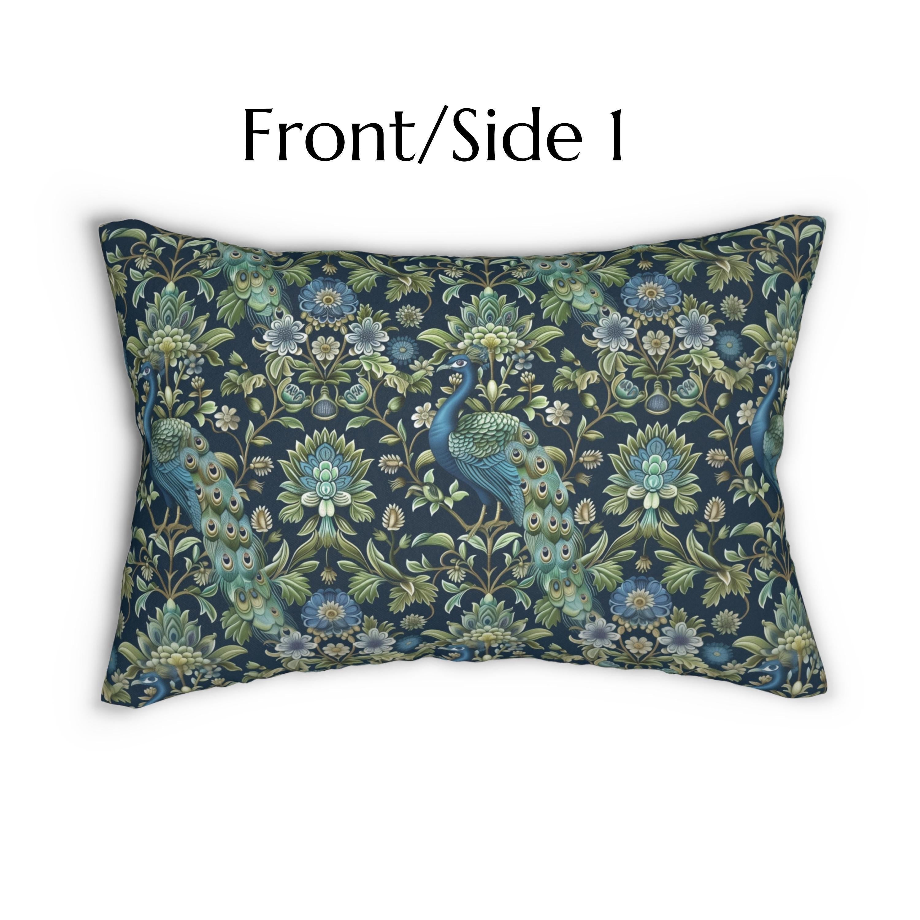 Peacock Lumbar Pillow: Navy Blue, Green, and Cream Floral Design