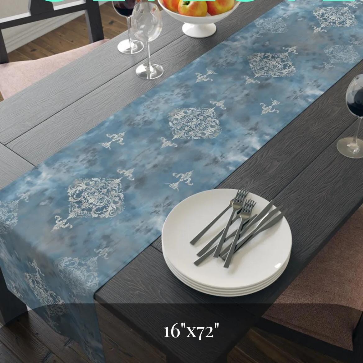 Elegant Silvery White Damask Table Runner: Soft Blue & Gray Classic Pattern for Sophisticated Dining