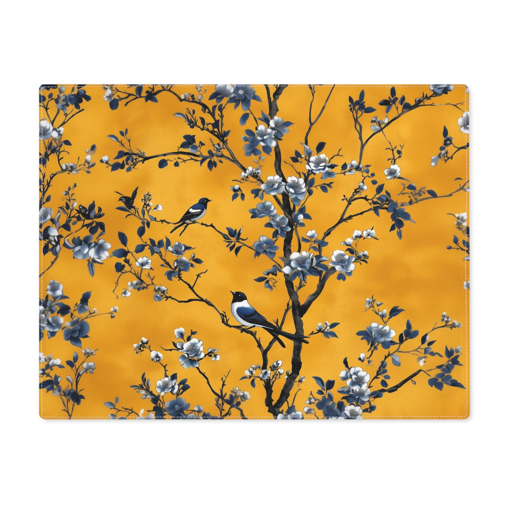 Chinoiserie Bird Placemat: Golden Yellow & Blue Floral Cotton Twill