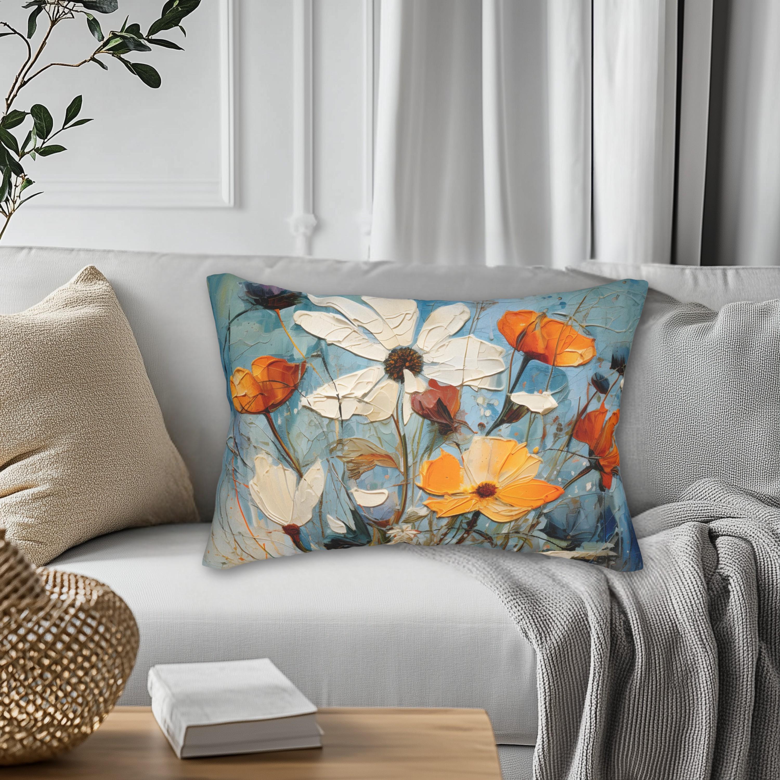 Vintage Style Floral Lumbar Pillow: Blue Wildflower Oil Painting Style