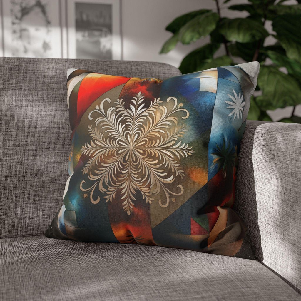 Snowflake Patriotic Square Pillowcase, Christmas Seasonal Throw Pillow Cover, Red White Blue Holiday Decor