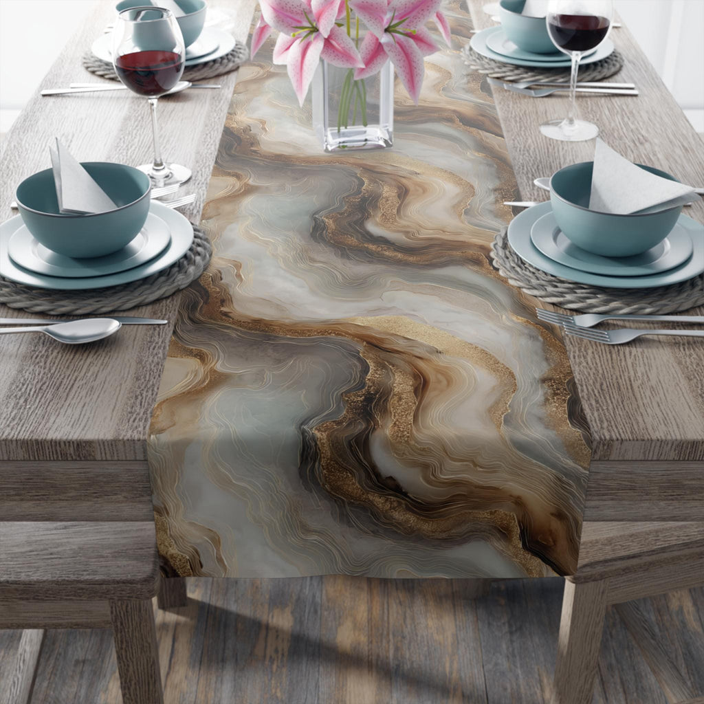 Modern Abstract Table Runner: Brown Marble Look with Gold Color Accents