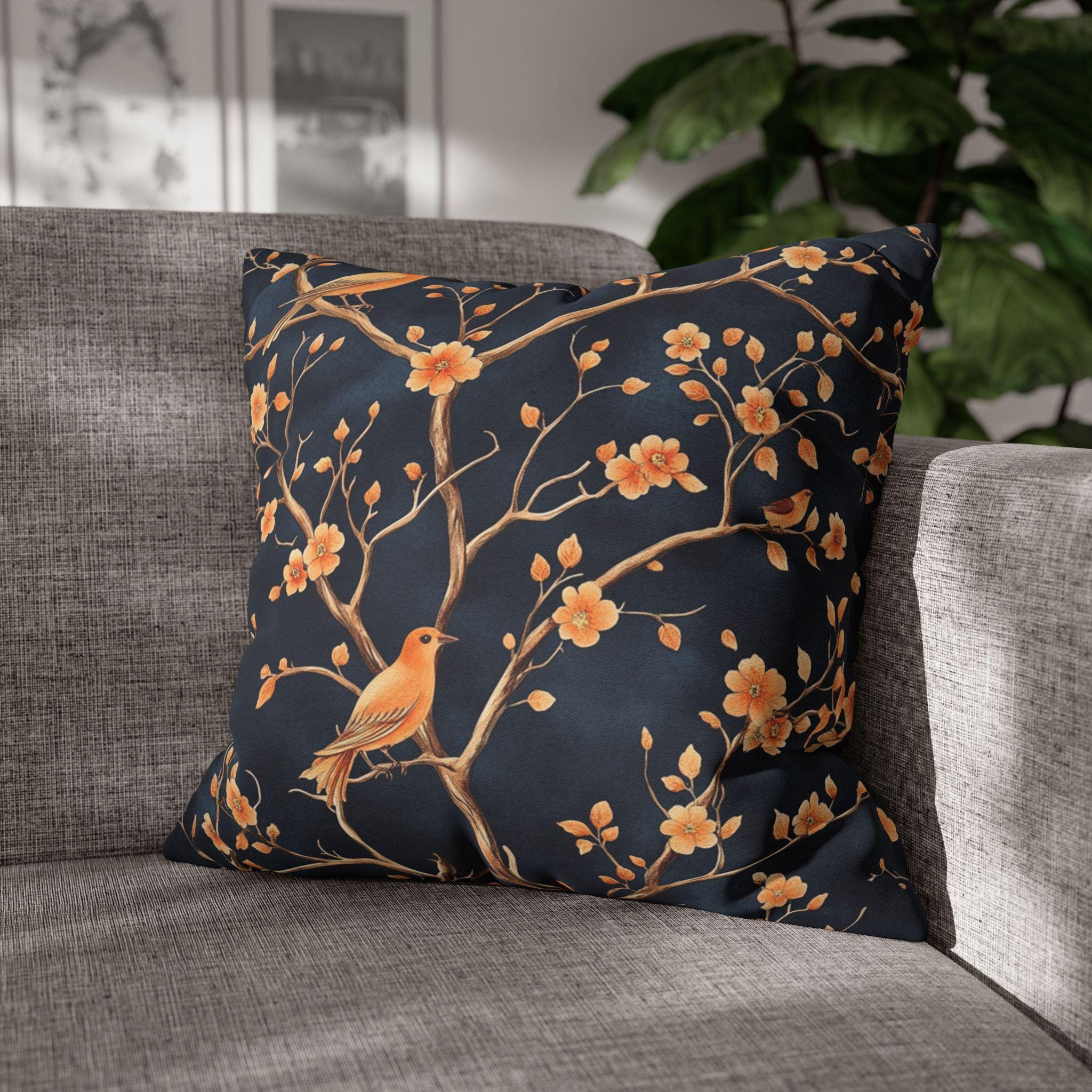 Chinoiserie Bird Throw Pillow Cover: Peach & Chestnut Floral, Navy Blue