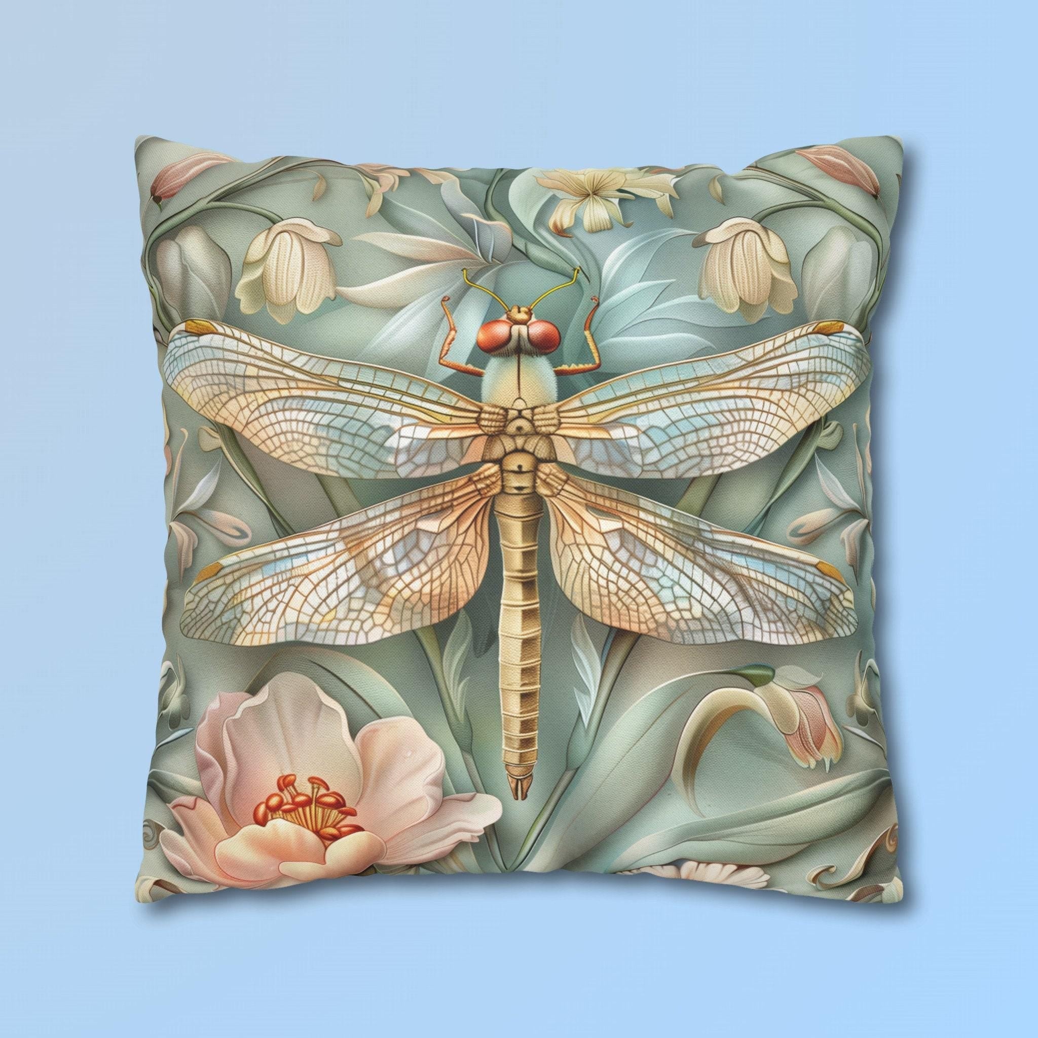 William Morris Inspired Dragonfly Pillow Cover: Elegant Blue, Gold & Pink Nature Design Gift