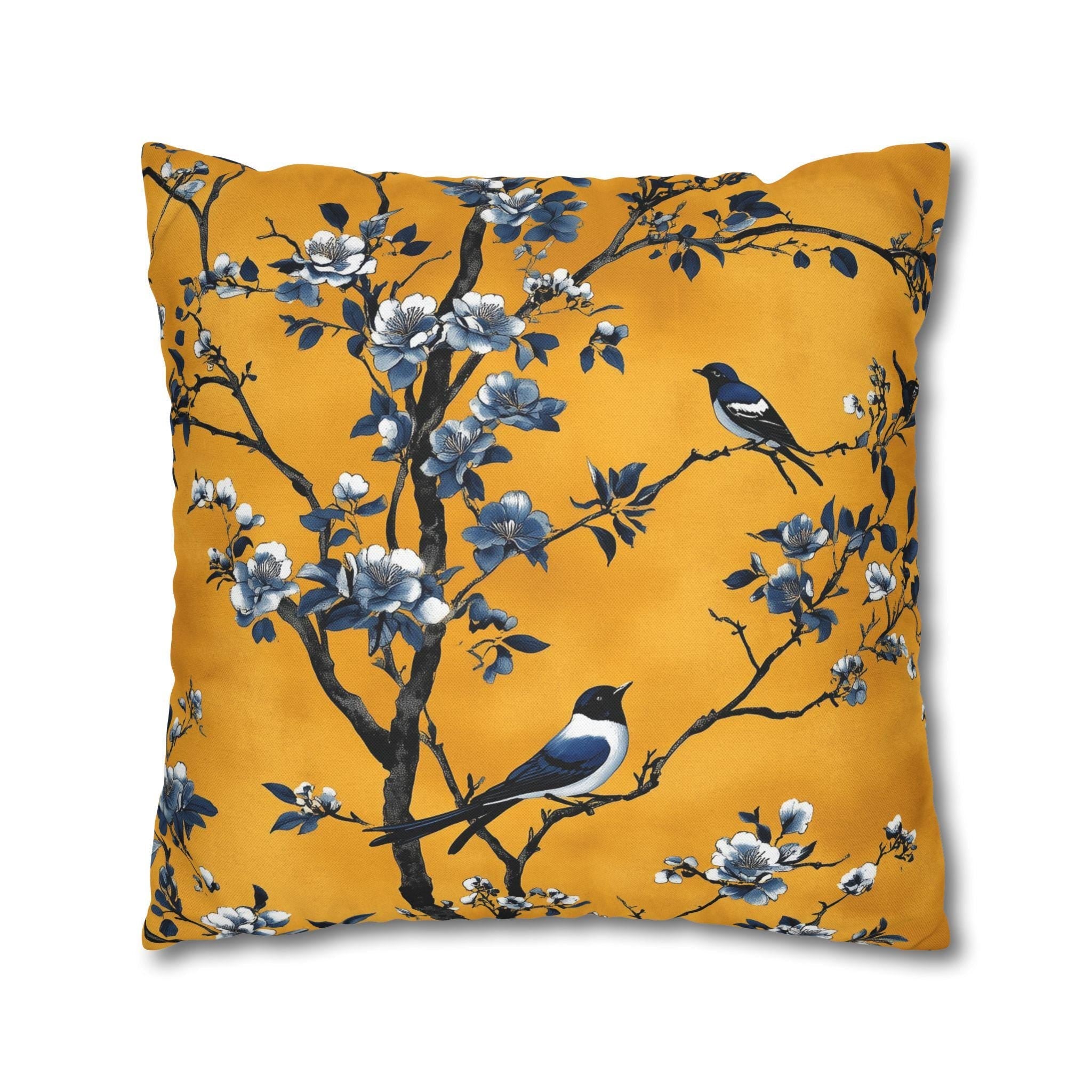 Elegant Chinoiserie Bird Pillow Cover: Golden Yellow & Blue Floral Cushion Case for Eclectic Decor