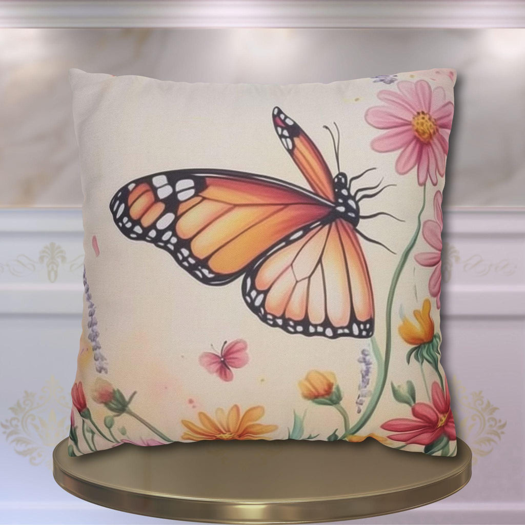 Monarch Butterfly Pillow Cover: Colorful Wildflower Garden on Soft Peach Background