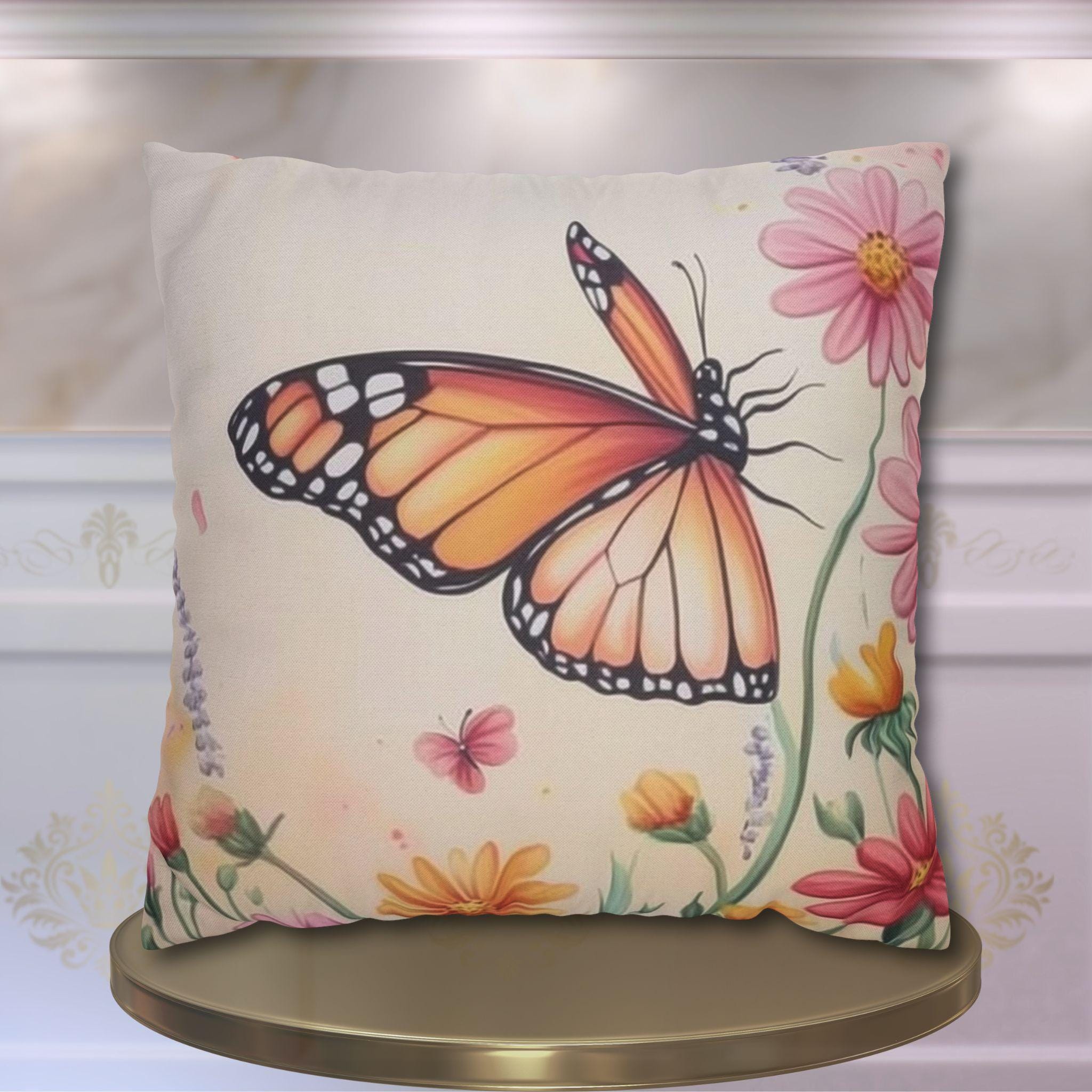 Monarch Butterfly Pillow Cover: Colorful Wildflower Garden on Soft Peach Background