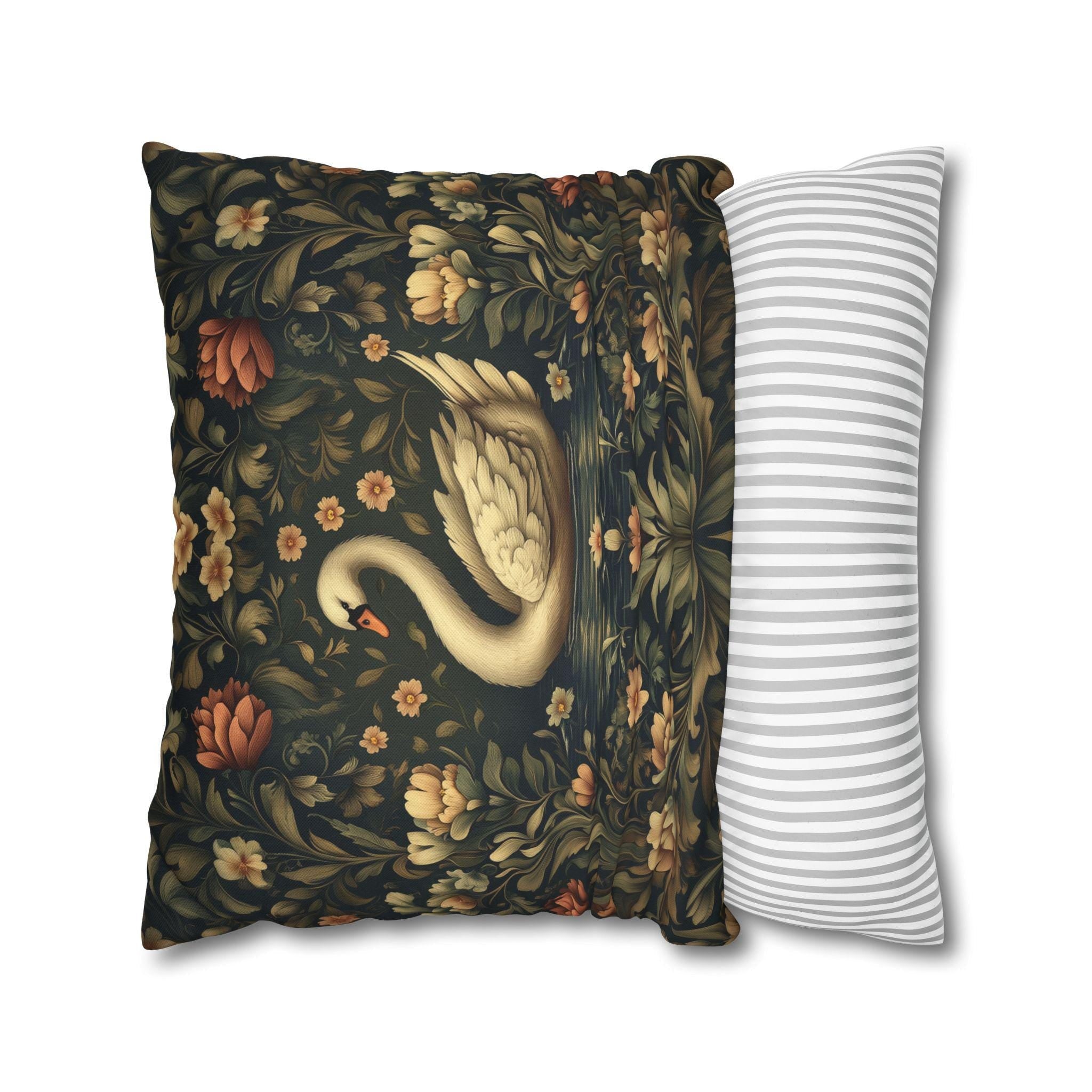 William Morris Inspired Swan Lake Decorative Pillow Cover: Moody Floral Fairytale Cushion Case