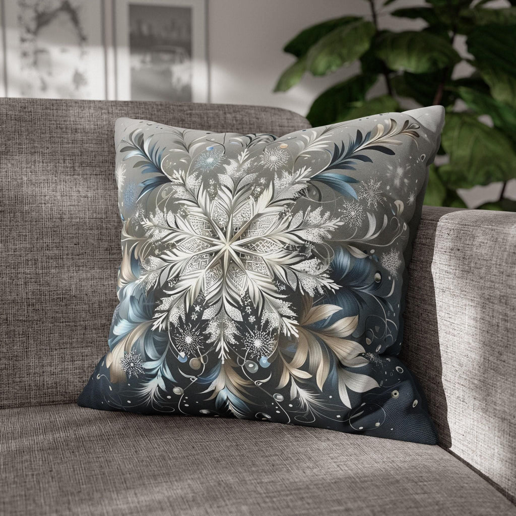 Elegant Snowflakes Throw Pillow Cover | Serene Silver & Blue Design | Sophisticated Holiday Charm