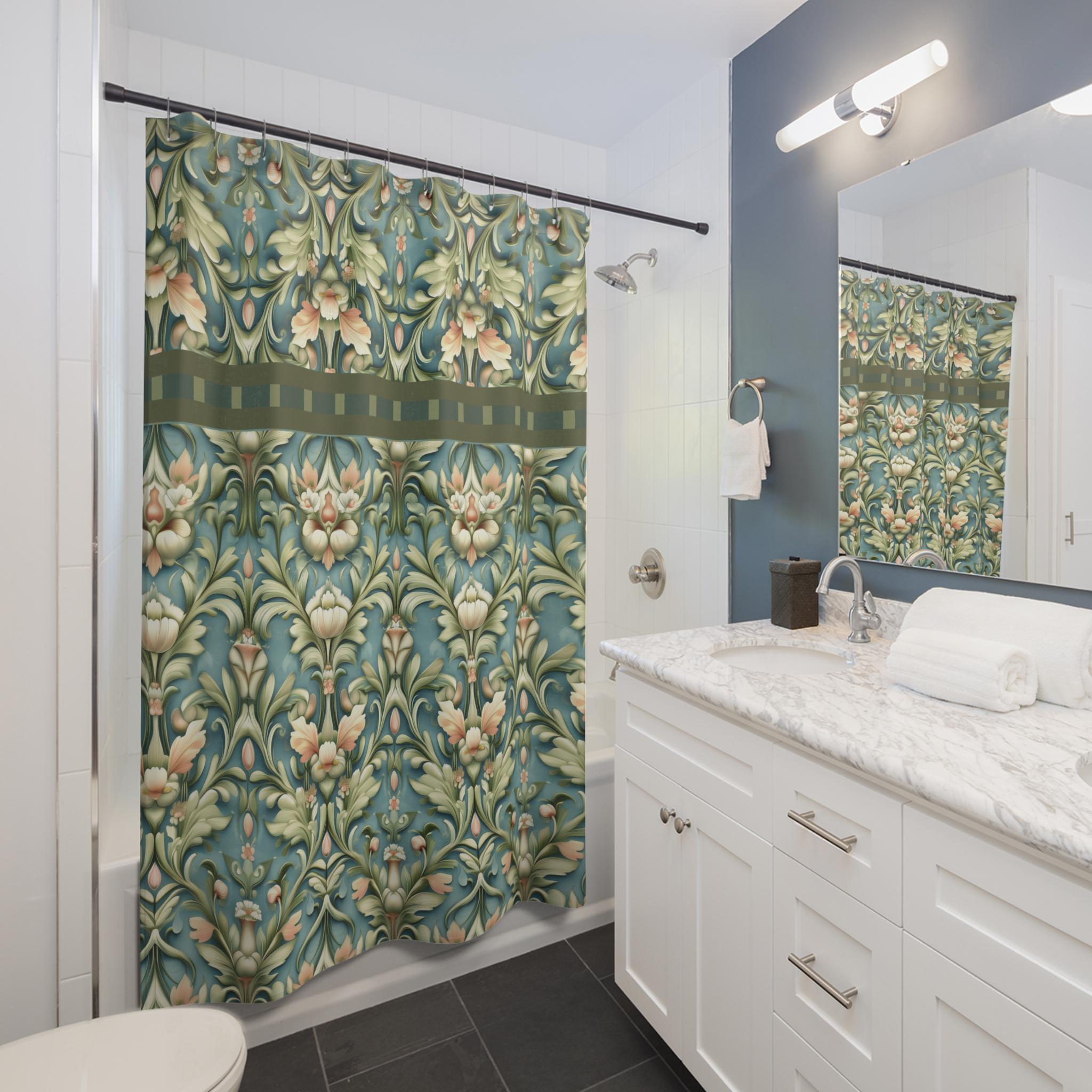 William Morris Inspired Botanical Shower Curtain: Vintage Teal Sage Peach Floral Bathroom Decor