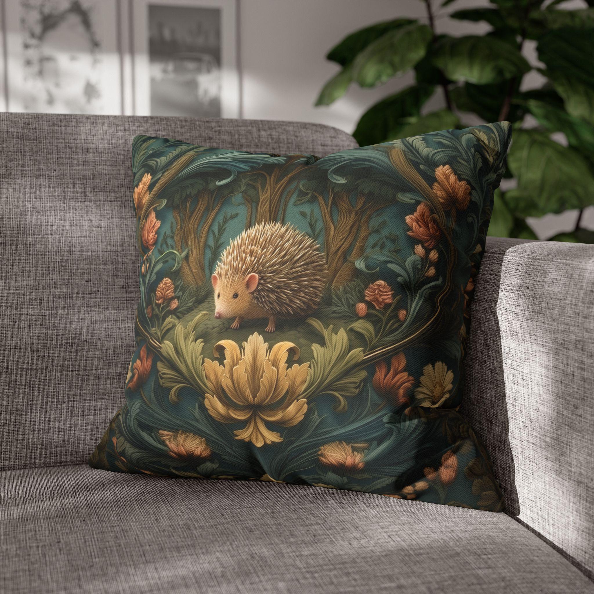 William Morris Inspired Pillow Cover: Woodland Hedgehog Storybook Forest Botanical