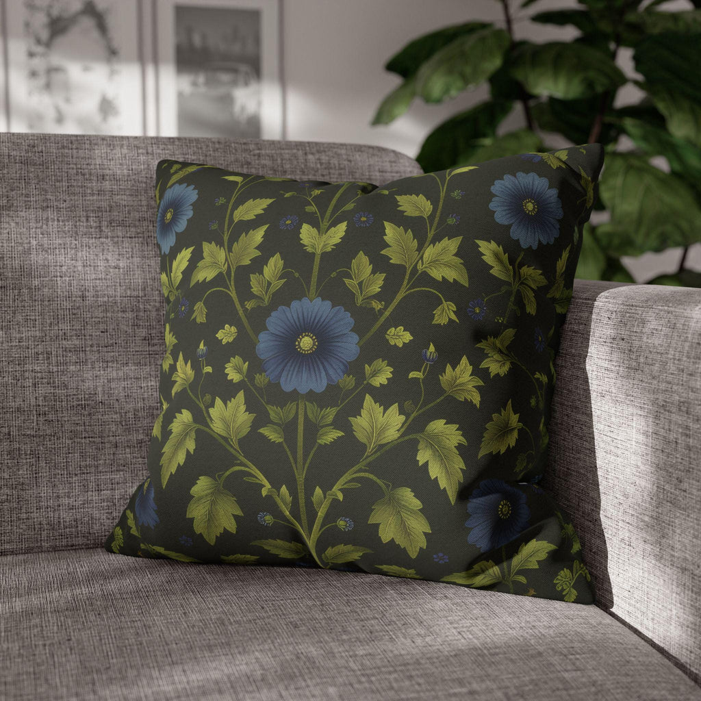 Botanical Pillow Cover: William Morris Inspired Green Cushion with Double-Sided Blue Floral Pattern