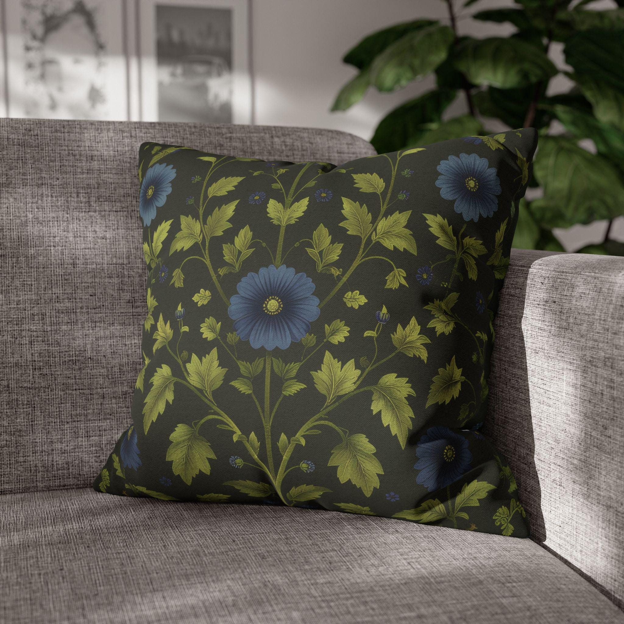 Botanical Pillow Cover: William Morris Inspired Green Cushion with Double-Sided Blue Floral Pattern