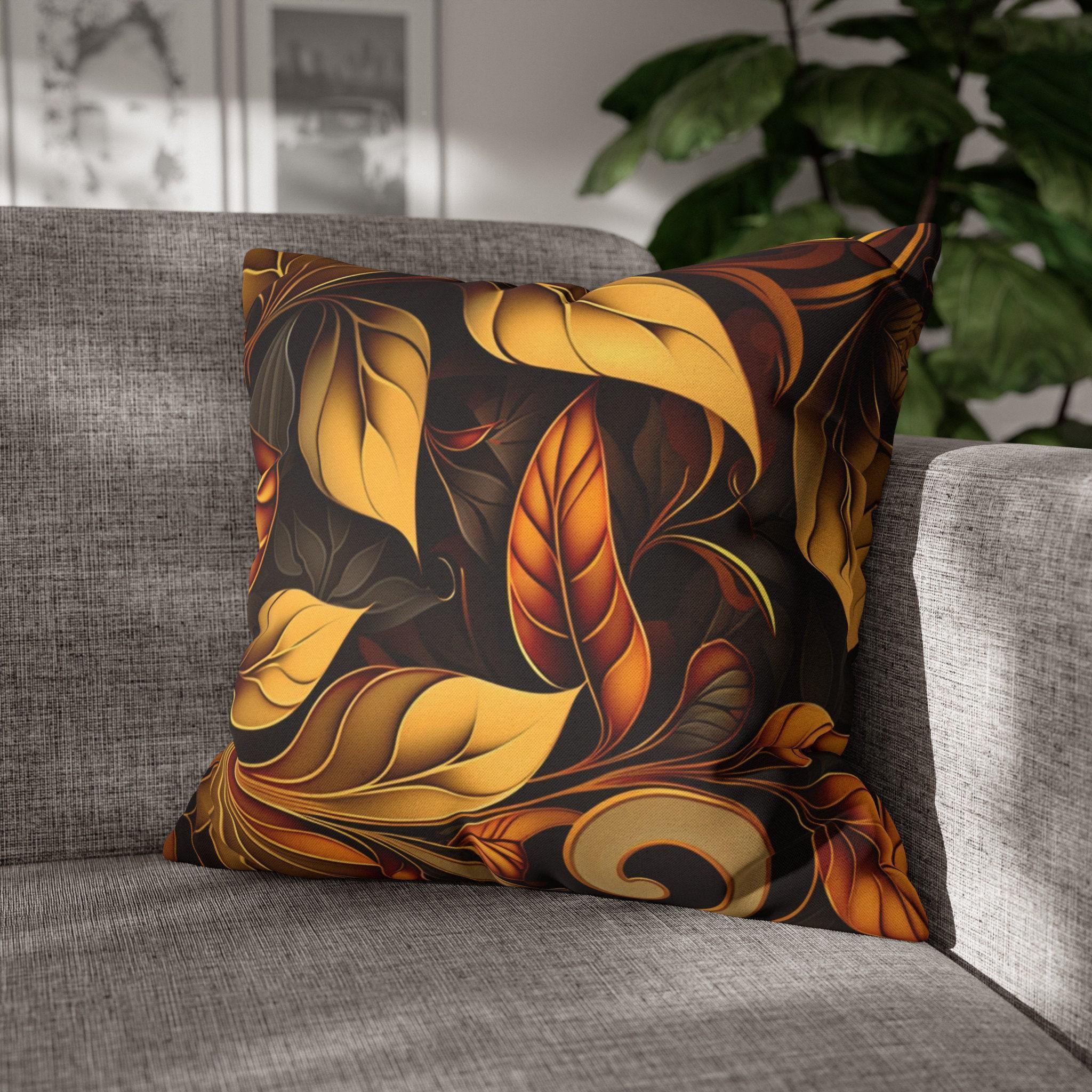 Autumnal Leaves Throw Pillow Cover: Orange and Gold Foliage on Rich Brown Background