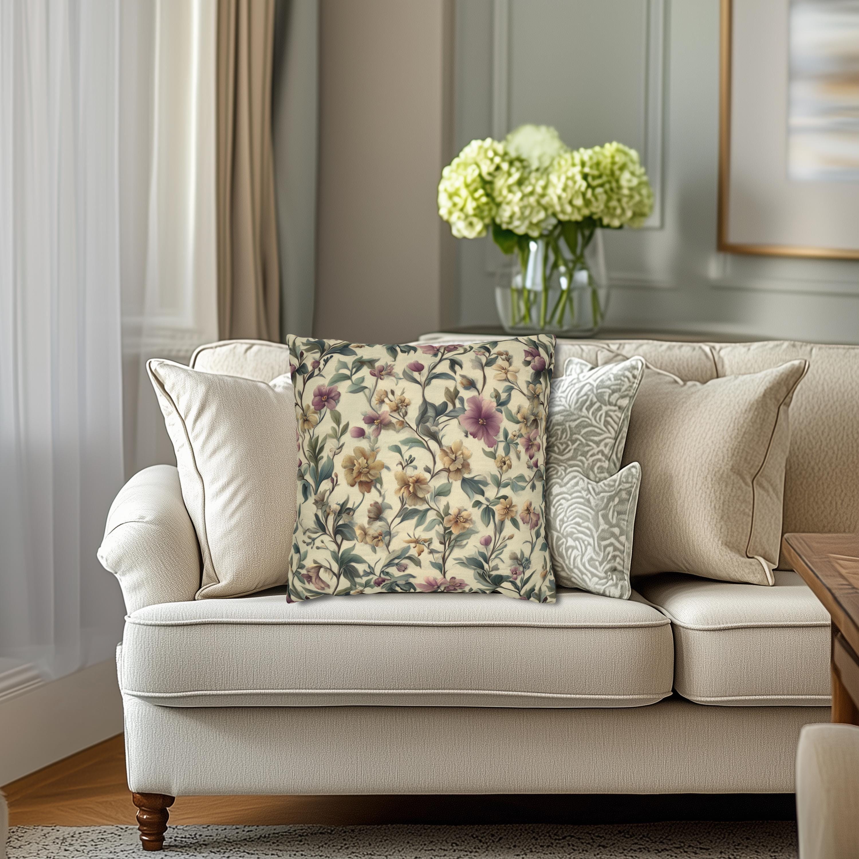 William Morris Inspired Floral Pillow Cover : Vintage Style Botanical Cottagecore Decor