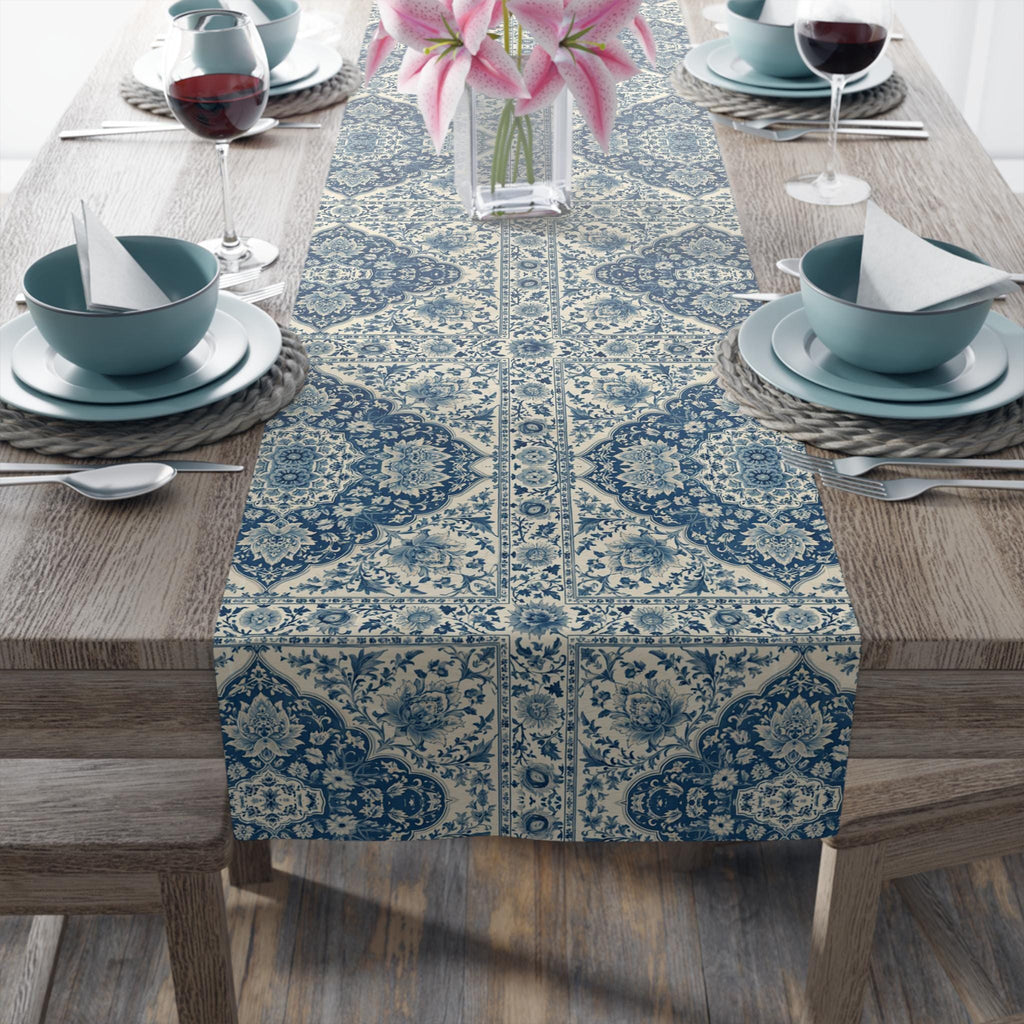 Toile Table Runner: Blue and Cream Botanical Dining Decor