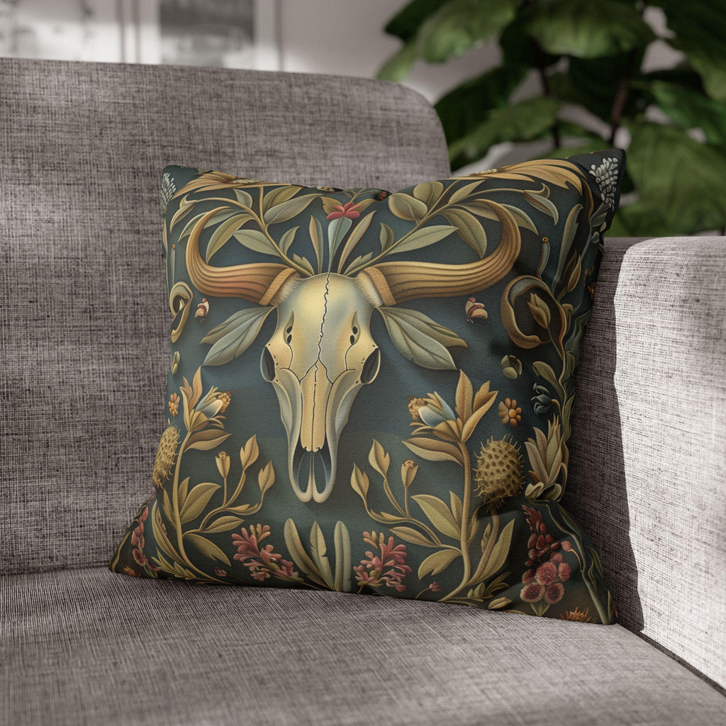 Longhorn Skull Floral Pillow Cover: Western Arts & Crafts Decor with Morris-Inspired Southwest Design
