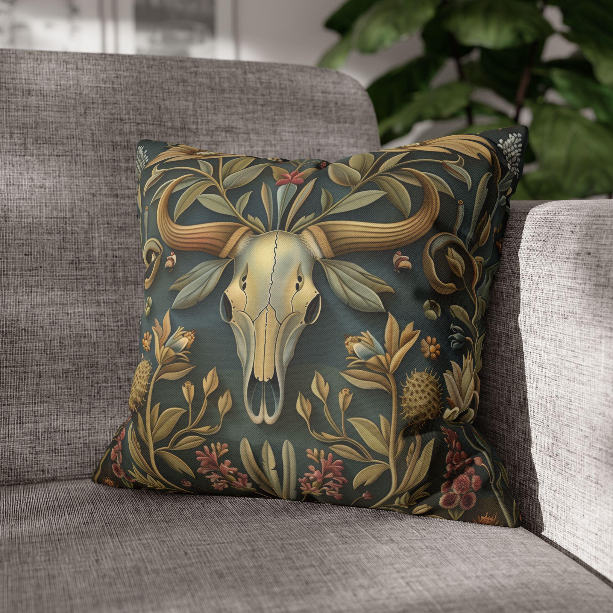 Longhorn Skull Floral Pillow Cover: Western Arts & Crafts Decor with Morris-Inspired Southwest Design