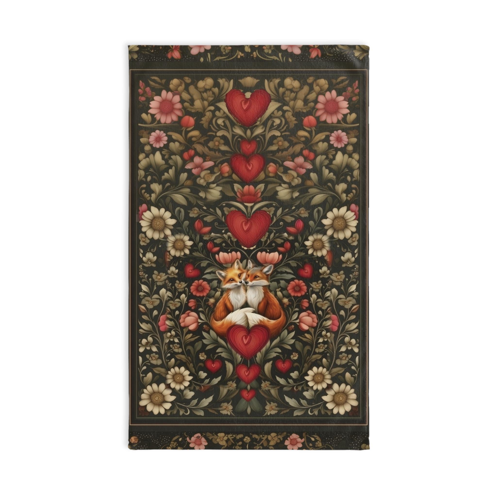 William Morris Inspired Fox Love Hand Towel: Romantic Woodland Kitchen or Bath Decor