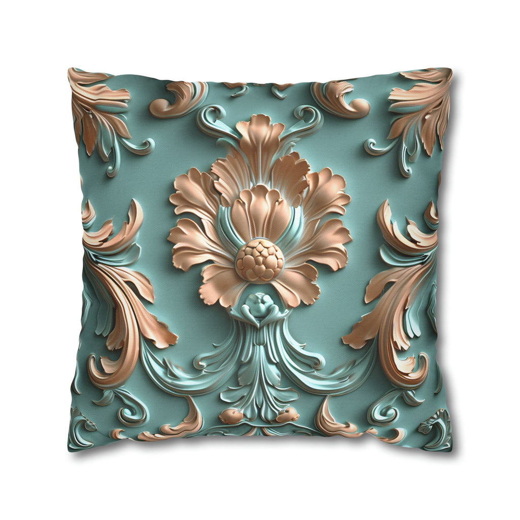 Floral Rococo Style Pillow Cover, Peach Fuzz & Light Teal Elegant Design