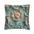 Floral Rococo Style Pillow Cover, Peach Fuzz & Light Teal Elegant Design