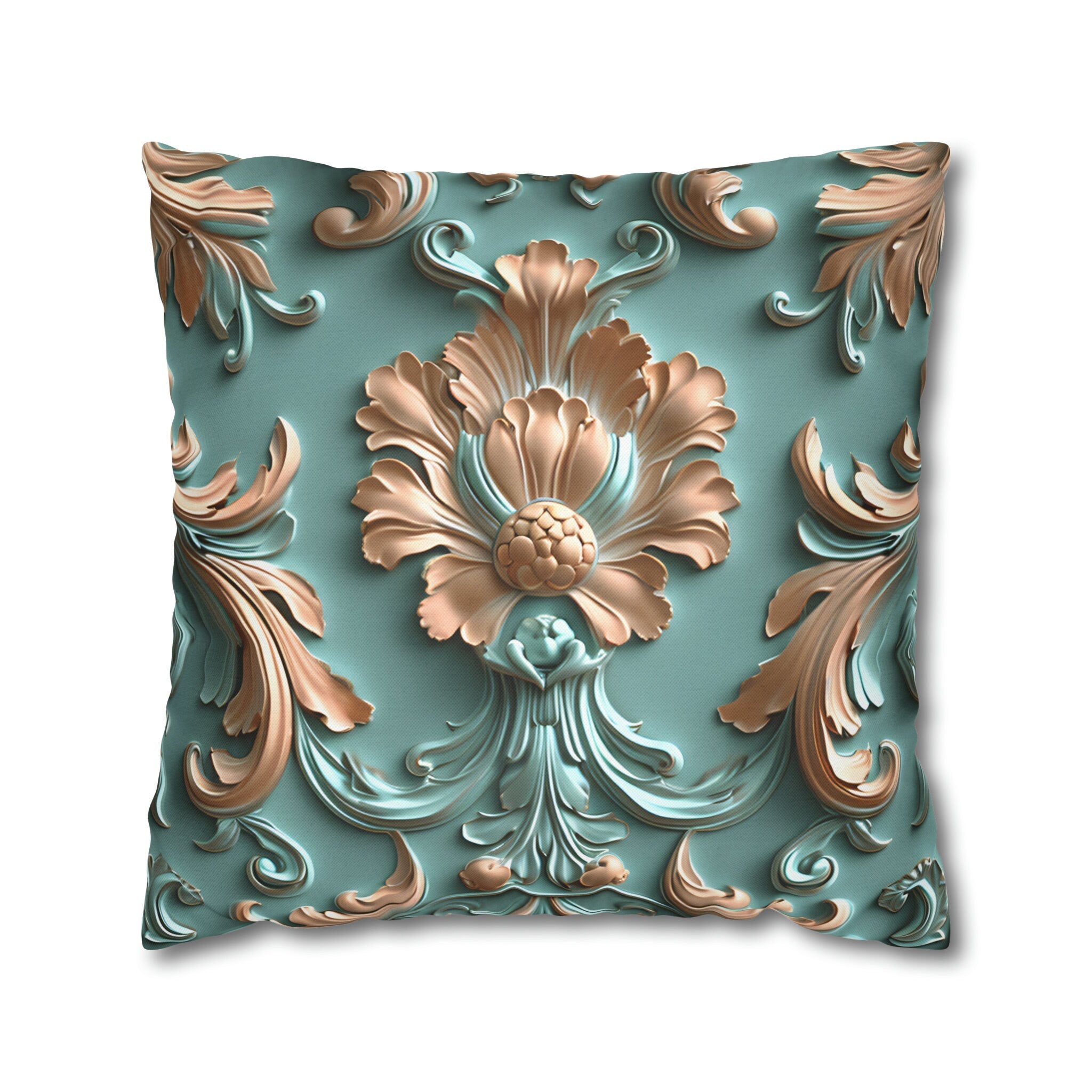 Floral Rococo Style Pillow Cover, Peach Fuzz & Light Teal Elegant Design
