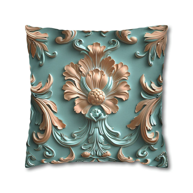 Floral Rococo Style Pillow Cover, Peach Fuzz & Light Teal Elegant Design