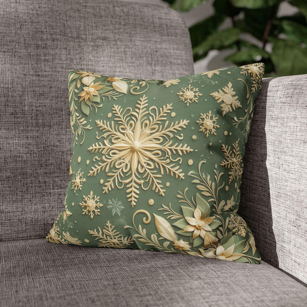 Snowflake Minty Green Square Pillowcase, Elegant Gold and Green Throw Pillow Cover