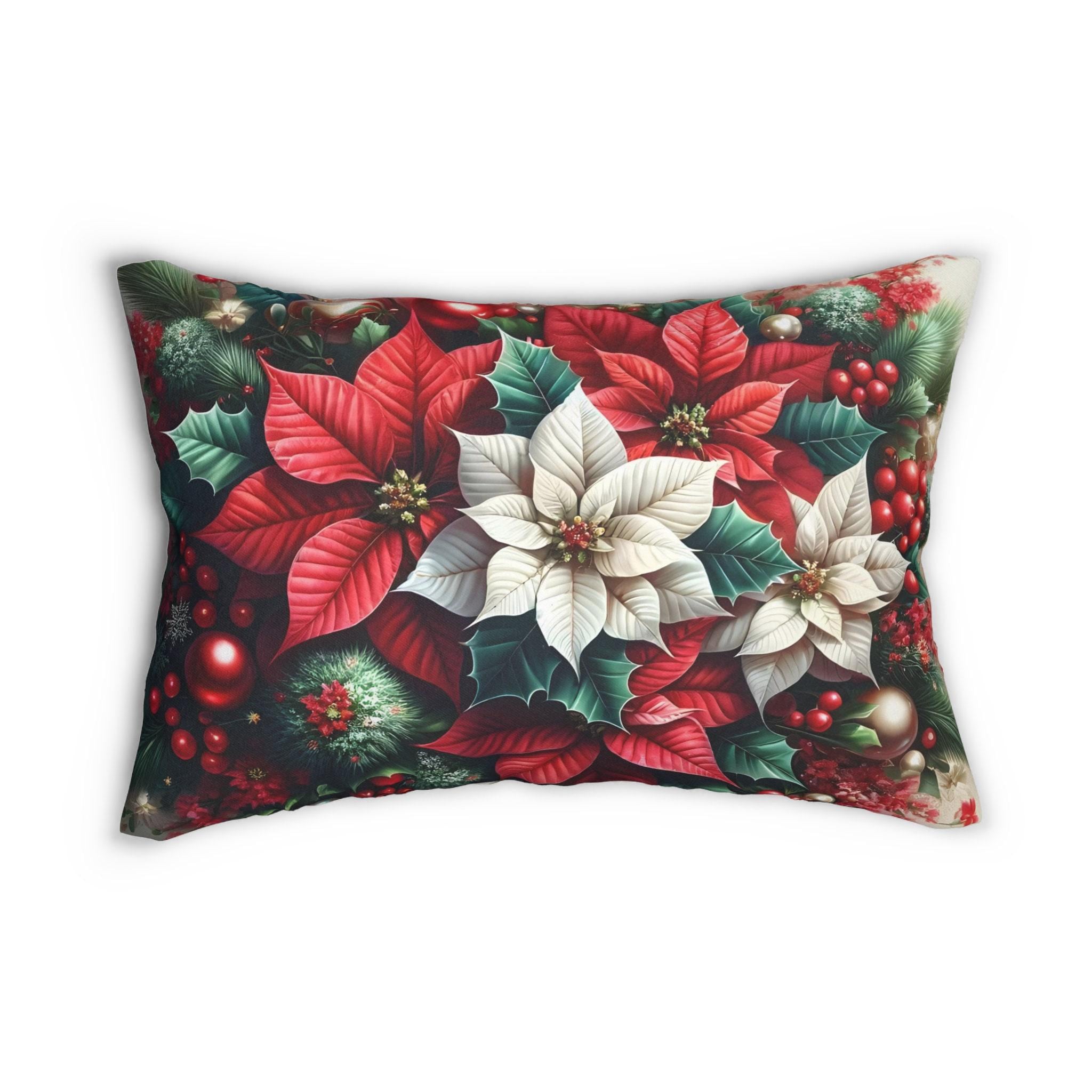 Poinsettia Christmas Lumbar Pillow Cover Red White Holiday Floral Accent in Festive Winter Style