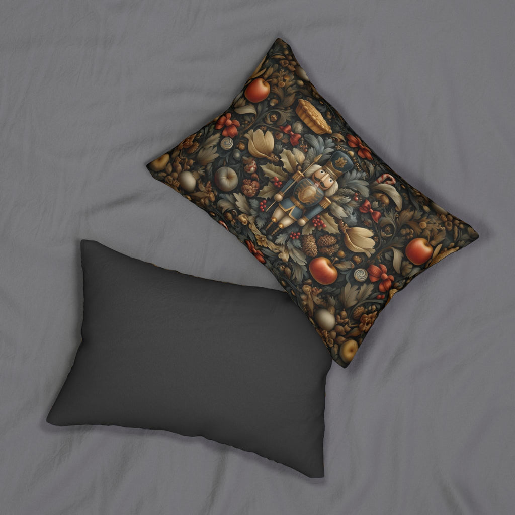 William Morris Nutcracker Lumbar Pillow: Woodland Holly & Pinecone Holiday Design