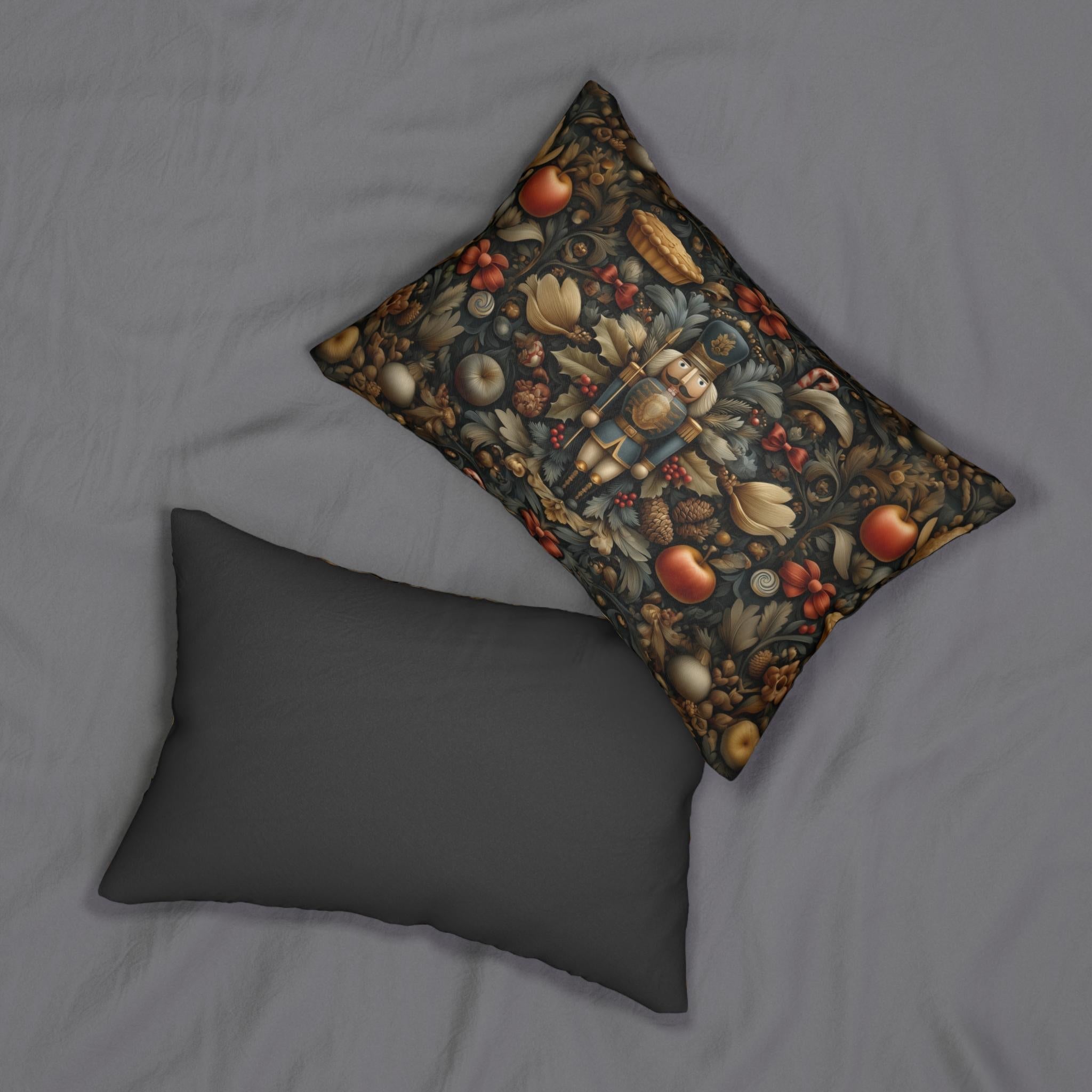William Morris Nutcracker Lumbar Pillow: Woodland Holly & Pinecone Holiday Design