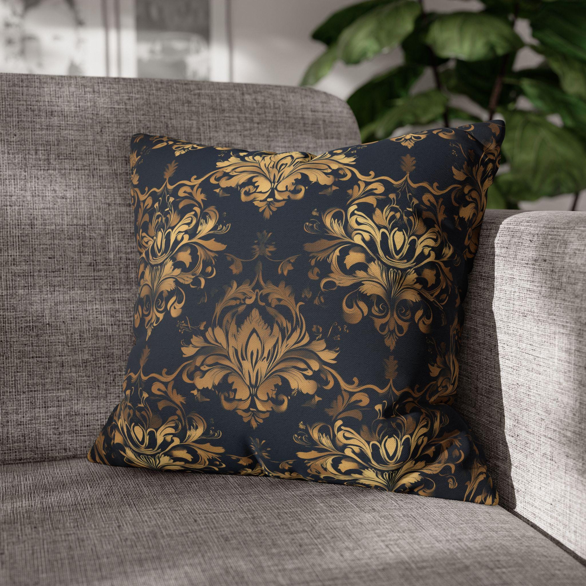 Gold Damask Medallion Pillow Cover: Elegant Navy Glam Decor