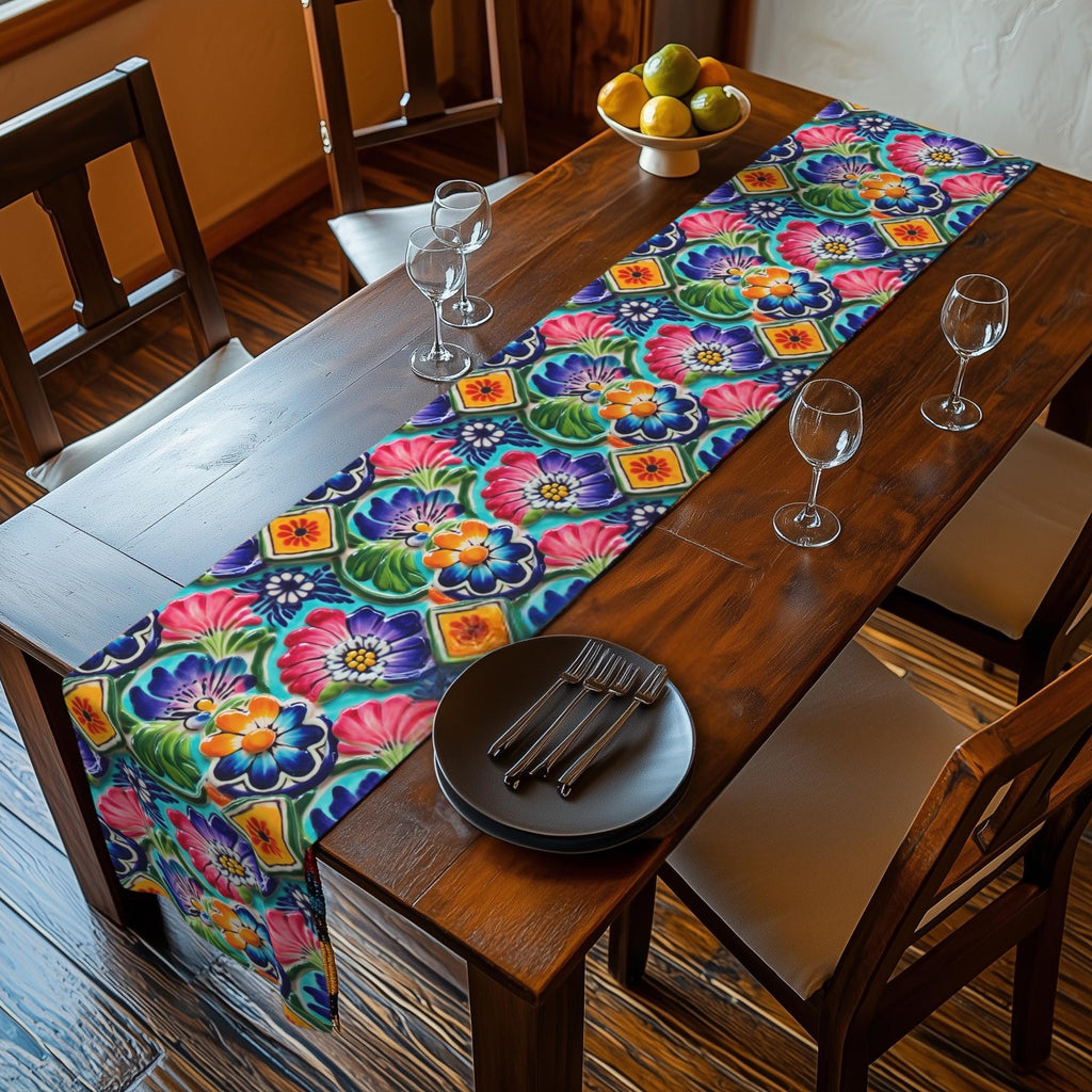 Mexican Table Runner: Botanical Folk Art on Aqua Background