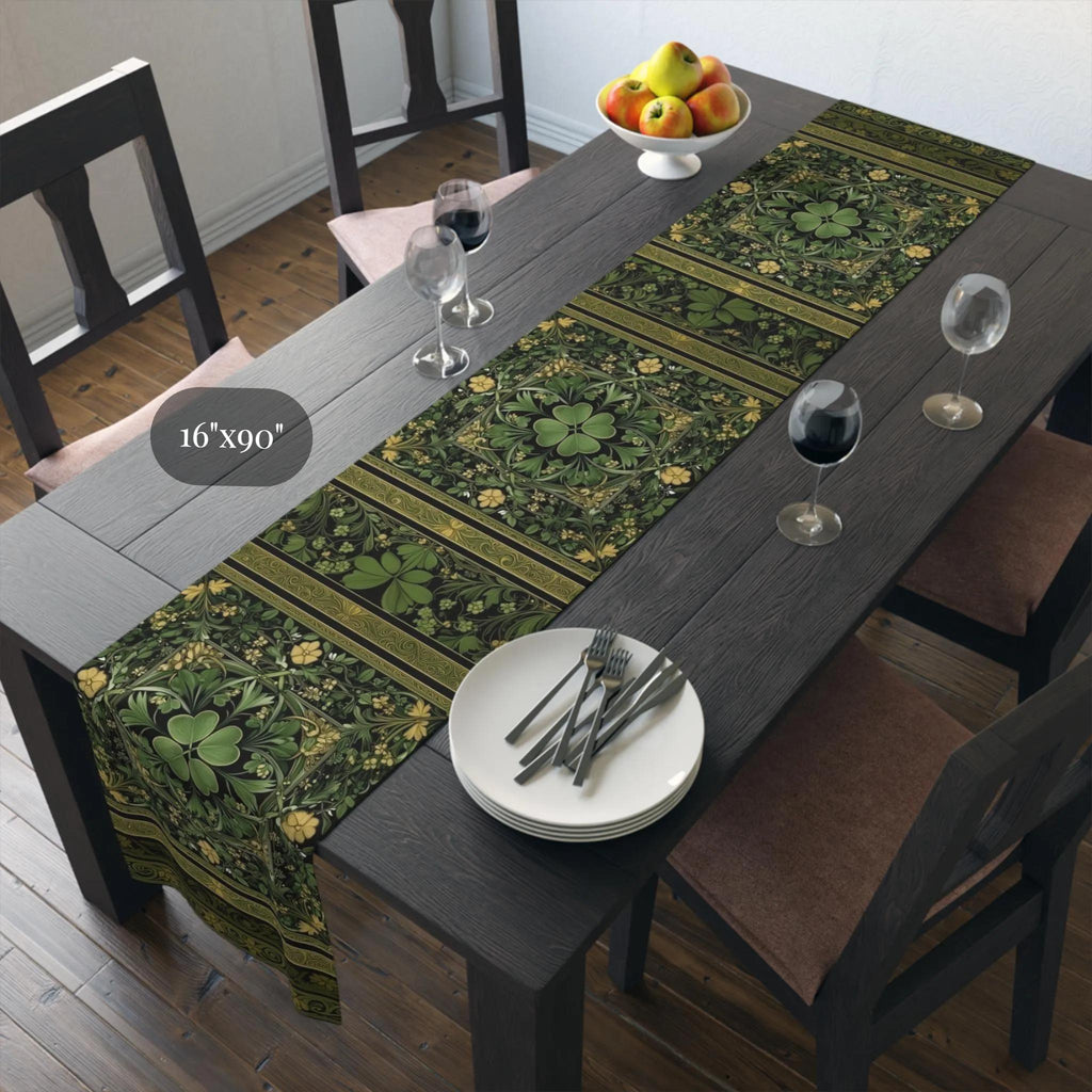 Celtic Clover Botanical Table Runner: William Morris Inspired Green Tapestry