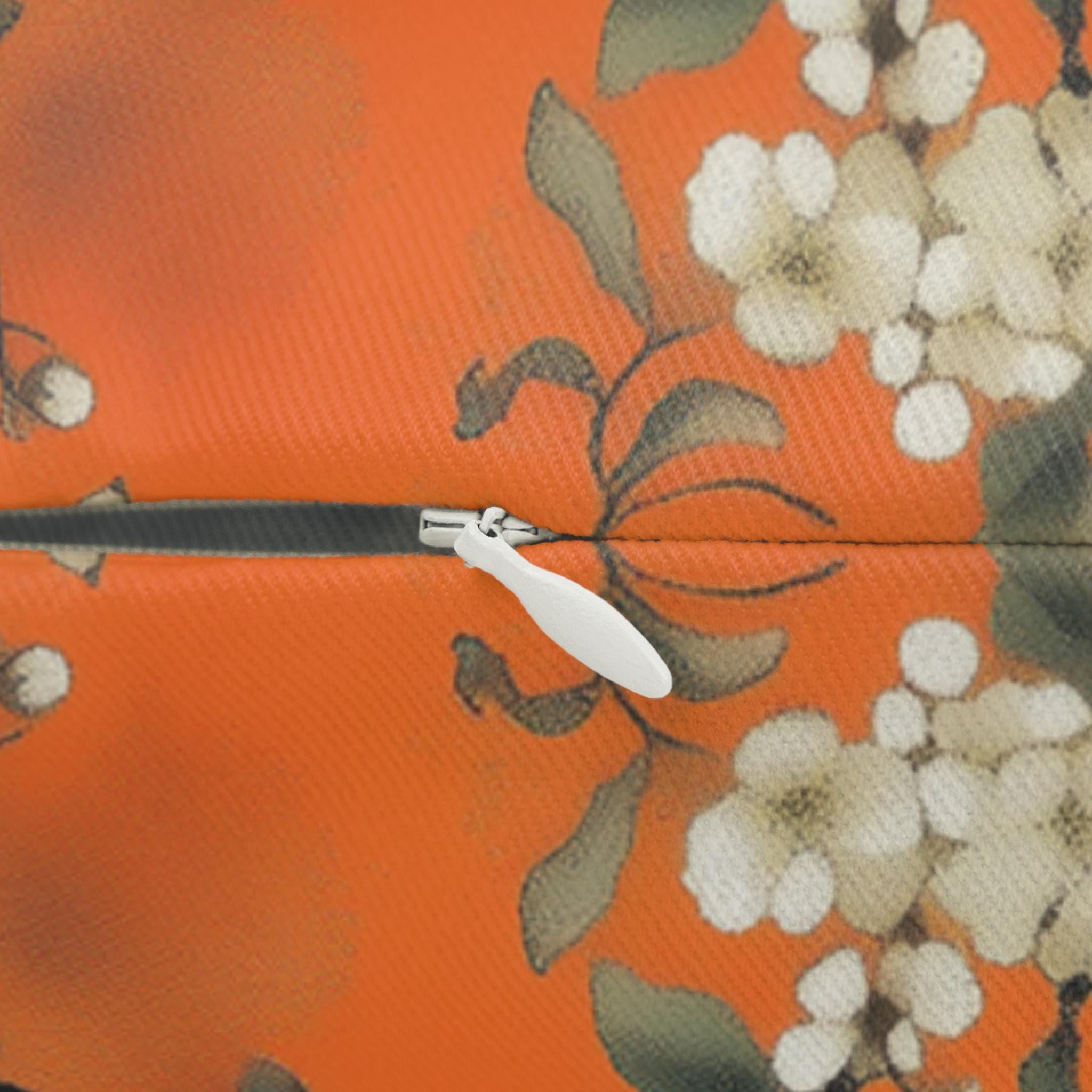Elegant Chinoiserie Lumbar Pillow: Burnt Orange Asian-Inspired Floral Bird Design