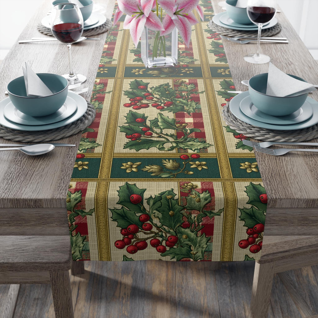 Gingham & Holly Christmas Table Runner: Classic Vintage Holiday Style with Stripes