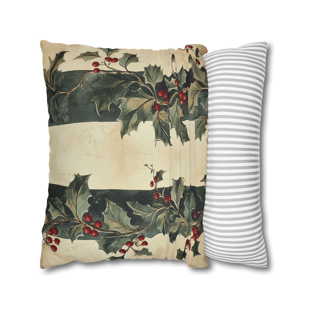 Holly & Stripes Pillow Cover: Vintage Style Christmas Botanical Holiday Accent